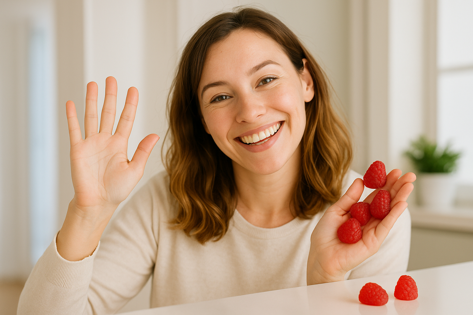 creer une image de femme la tete penchée souriante avec la main levée et comprenant quelques gummies rouges