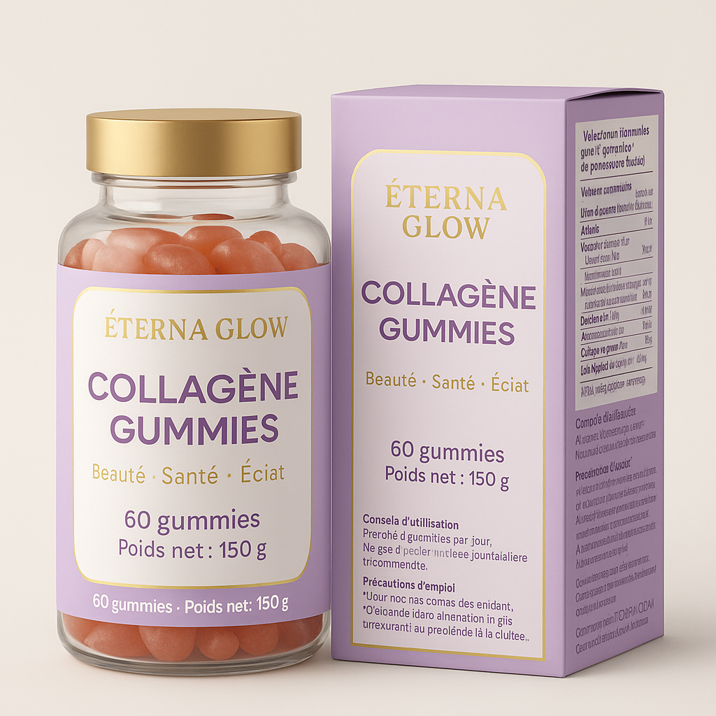Éterna Glow – Gummies Collagène Vegan, cure beauté 1 mois pour peau éclatante, cheveux forts et ongles résistants.